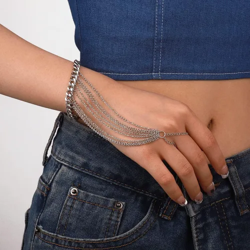 Vista 4 de Pulsera de anillo de cadena de mano esclava, pulsera de anillo de dedo de cadena bohemia con borlas para mujeres y niñas