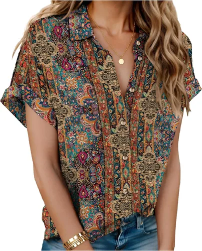 Vista 31 de HOTOUCH Camisas de Lino para Mujer con Botones Blusas de Manga Corta de Algodón Cuello en V con Cuello Tops de Gasa con Botones S-3XL