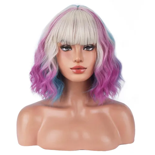 Vista 22 de BERON Pelucas cortas verdes para mujer, peluca rizada ondulada con flequillo para niñas, pelucas de cabello de color verde aguacate, peluca