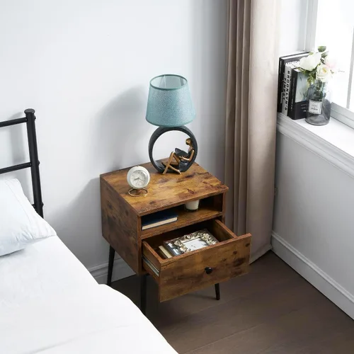 Vista 5 de VECELO Juego de 2 mesitas de noche modernas, mesa auxiliar cuadrada con cajón y espacio de almacenamiento para dormitorio y sala de estar