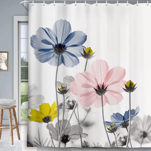 Vista 37 de MERCHR Cortina única floral azul para decoración de baño, cortina de ducha estilo granja con flores de margarita azul y gris elegantes y diseño