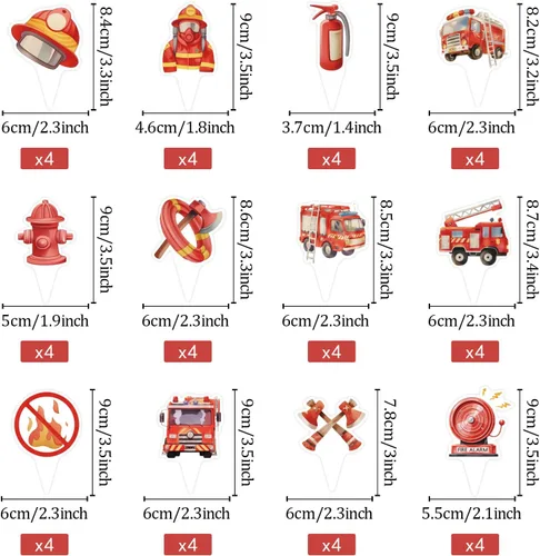 Vista 5 de 48 piezas de decoraciones de cumpleaños para camiones de bomberos, decoración de cumpleaños de bomberos, decoración de cupcakes para camiones