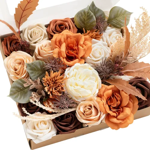 Vista 37 de Ling's moment Caja de Flores Falsas, Tallos de Vegetación Artificial Falsa Rosas de Espuma Dalia Hortensia de Seda Peonía Flor de Tela para Centros