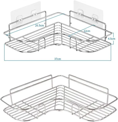 Vista 3 de Paquete de 2 organizadores de ducha esquineros, estante adhesivo de baño montado en la pared, estante de baño de acero inoxidable, organizador