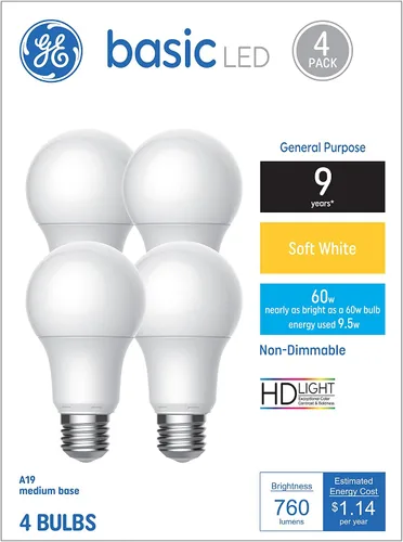Vista 8 de GE Bombillas LED básicas, 60 vatios, luz diurna, A19 (paquete de 4)