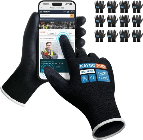 Vista 7 de KAYGO KG11PB - Guantes de trabajo de seguridad con revestimiento de poliuretano, 12 pares de guantes de punto sin costuras para hombres y mujeres