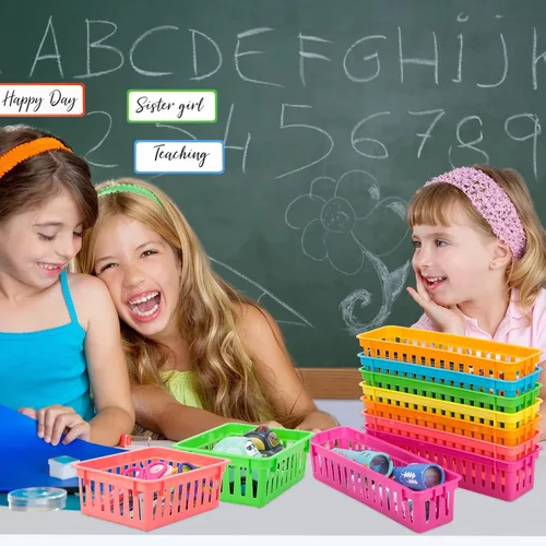Vista 5 de 24 cestas pequeñas de plástico coloridas para el aula, 12 unidades de 10 x 3 x 2.5 pulgadas, bandeja pequeña para lápices, 12 bandejas organizadoras