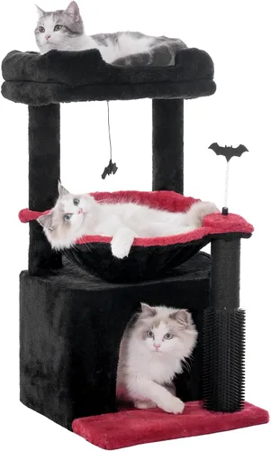 Vista 10 de Árbol para gatos pequeños de 32 pulgadas para gatos grandes, torre para gatos adultos con poste rascador, hamaca grande de 15.7 pulgadas y auto Beige