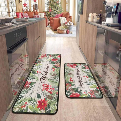 Vista 12 de 2 Piezas Alfombras y Tapetes de Cocina de Navidad para Piso con Base Antideslizante Tapete Feliz Navidad Decoración de Cocina Anti Fatiga