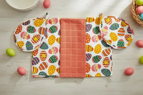 Vista 2 de Serafina Home Easter Kitchen Towel Set with Pot Holders, Spring Colored Eggs Design, 100% Cotton, White Orange Green, 5 Piece Set