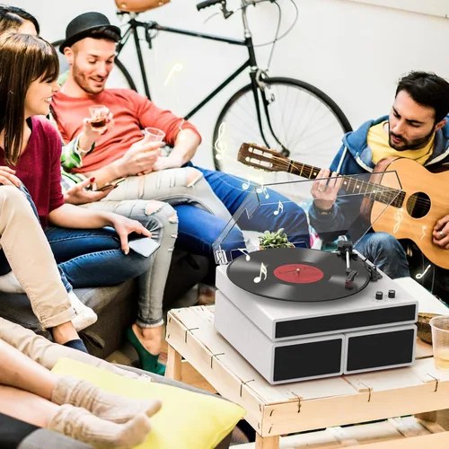Vista 8 de Tocadiscos de vinilo con 2 altavoces estéreo externos, giradiscos con transmisión por correa y soporte Bluetooth, 3 velocidades, salida RCA