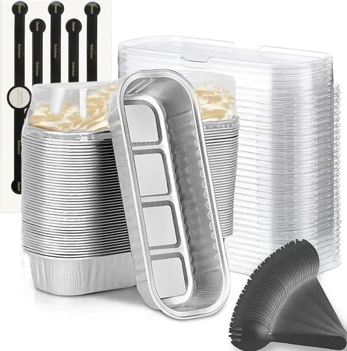 Vista 9 de Findful Mini Moldes para Hornear Pan con Tapas y Cucharas (Paquete de 50, 6.8oz) Moldes Rectangulares de Papel de Aluminio para Hornear Recipientes