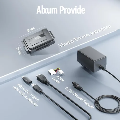 Vista 13 de Alxum IDE a SATA Adaptador USBC Lector de Disco Duro Externo con Fuente de Alimentación USB 3.0 5Gbps IDE Enclosure,Recovery Converter for