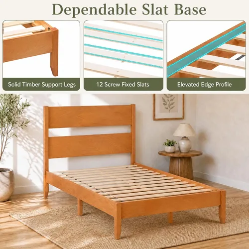 Vista 5 de KOMFOTT Twin Size Rubber Wood Bed Frame with Tall Headboard, Caramel Brown