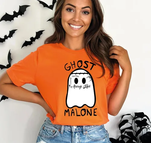 Vista 2 de Camisa de fantasma para mujeres y hombres, camisa de Halloween Malone, camiseta de cara de ghoul, disfraces espeluznantes de Halloween, ropa