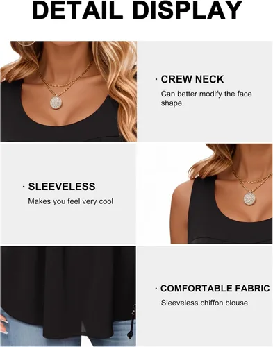 Vista 5 de QUEZHU Blusas y tops de verano para mujer, blusas de gasa de doble capa, ajuste holgado, cuello redondo, túnica sin mangas