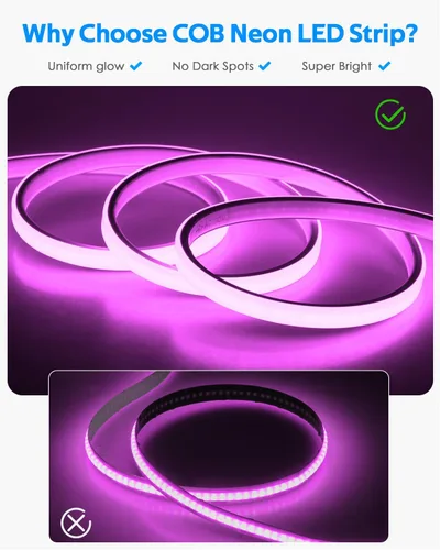 Vista 4 de 110V Tira de luz LED RGB COB Bluetooth de 10 pies, tira de luces LED multicolor ajustable flexible con control remoto, sincronización de música