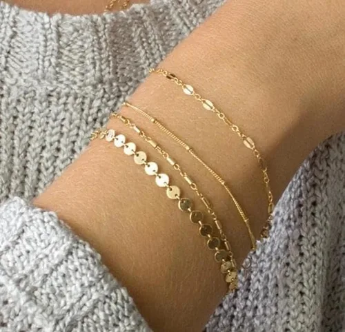 Vista 2 de ASCOMY Pulsera para mujer, pulseras de oro para niñas, delicadas pulseras de espiga con clip de papel, juego de pulseras de cadena de cuerda en capas