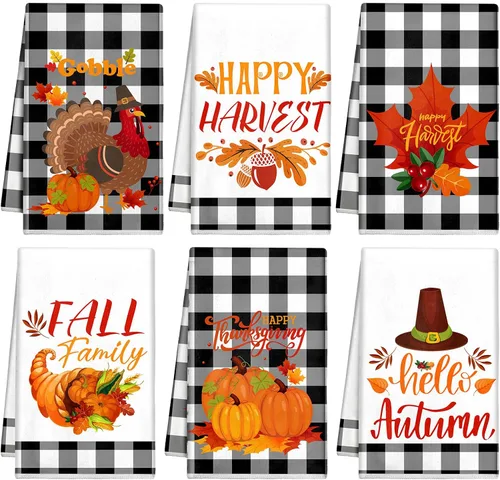 Vista 11 de Mixweer - 6 toallas de cocina de otoño de 16 x 24 pulgadas, toalla de mano de calabaza en blanco y negro de 16 x 24 pulgadas, paño absorbente