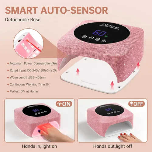 Vista 5 de Lámpara de uñas LED UV inalámbrica de 96 W, luz UV recargable para uñas de gel con 3 ajustes de temporizador, secador de uñas profesional de secado