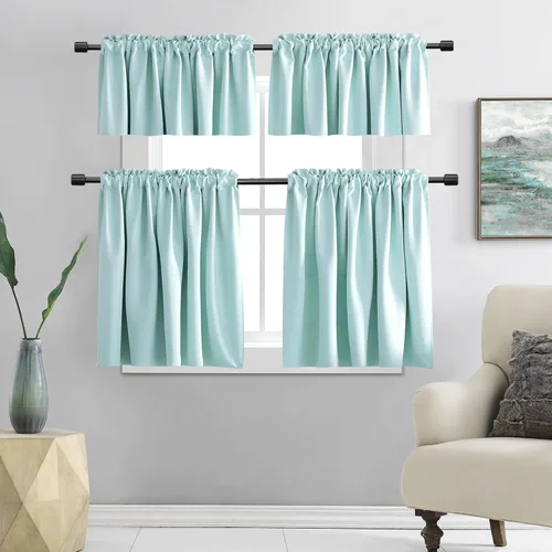 Vista 6 de DONREN Cenefas opacas de ventana de 12 pulgadas de largo para loft, cenefas de cocina aguamarina con bolsillo para barra