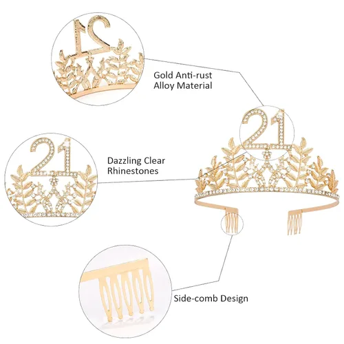 Vista 8 de Banda y tiara dorada de cumpleaños número 21, decoraciones y decoración para tartas, corona de finalmente 21