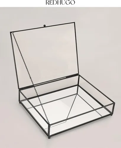 Vista 3 de REDHUGO Cajas grandes de vidrio para exhibición hechas a mano, parte inferior con espejo, caja de joyería de cristal con tapa, para libros, fotos