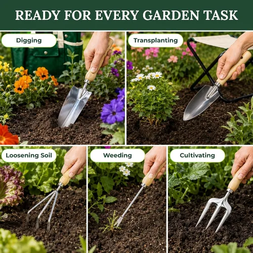 Vista 3 de GardenHOME Juego de herramientas de jardinería de 7 piezas, herramientas de acero inoxidable con asas de madera, taburete plegable y bolsa de lona
