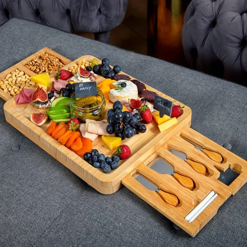 Vista 6 de Juego de tabla de queso y cuchillos de bambú con 2 cajones deslizables