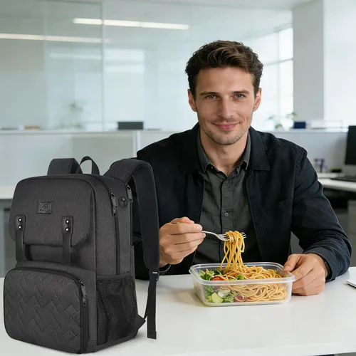 Vista 8 de Mochila de almuerzo para mujer, mochila térmica para computadora portátil con puerto de carga USB, bolsa impermeable para computadora de viaje