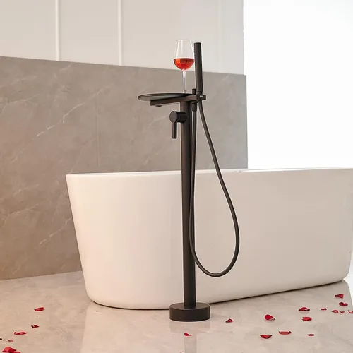 Vista 8 de Grifo de bañera independiente color negro mate con ducha de mano de una sola manija grifos de alto caudal para montaje en el suelo con estante BWE