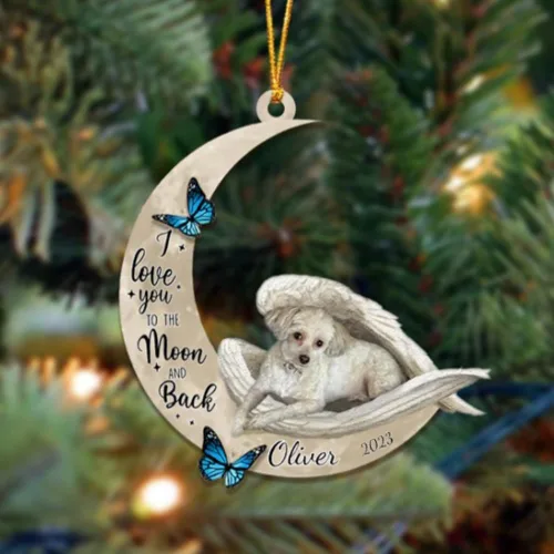 Vista 106 de Adorno colgante personalizado de ángel durmiendo en la luna, perro sabueso afgano, nombre personalizado, acrílico impreso en 2D plano – cumpleaños