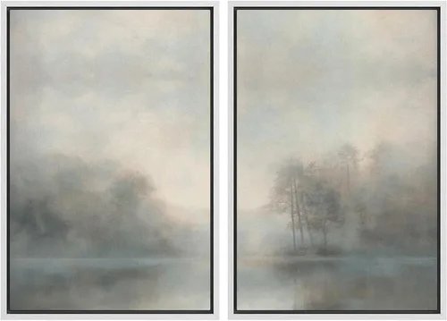 Vista 117 de MUDECOR Lienzo enmarcado para pared, bosque brumoso, reflejos, paisaje tranquilo, ilustraciones modernas, arte decorativo, bohemio, tranquilo/zen