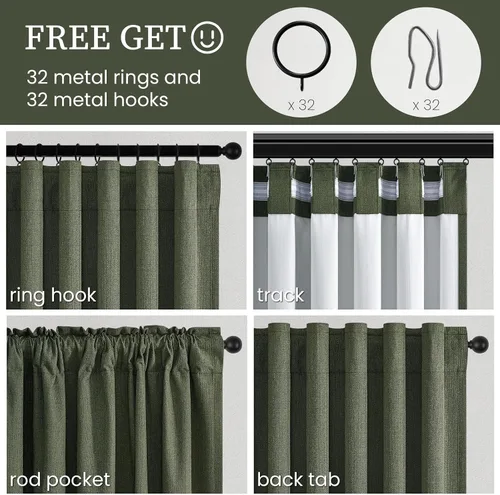 Vista 5 de Cortinas opacas de lino de 96 pulgadas para dormitorio, 2 paneles, verde Verde Olivegreen