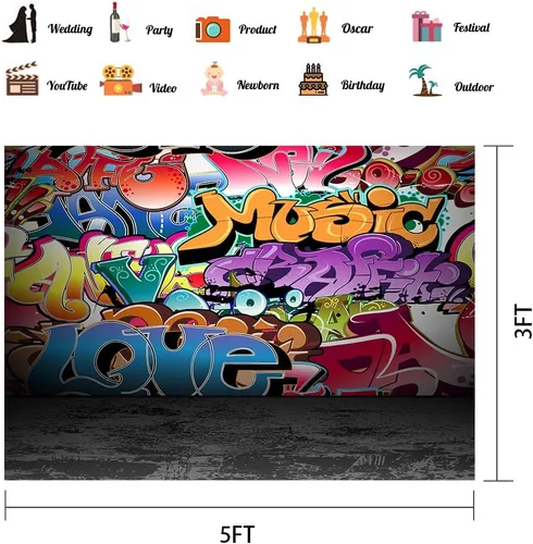 Vista 2 de Telones de fondo de fotografía de graffiti de 5 x 3 pies, colorido hip hop urbano temática sesión de fotos de regreso a la fiesta temática