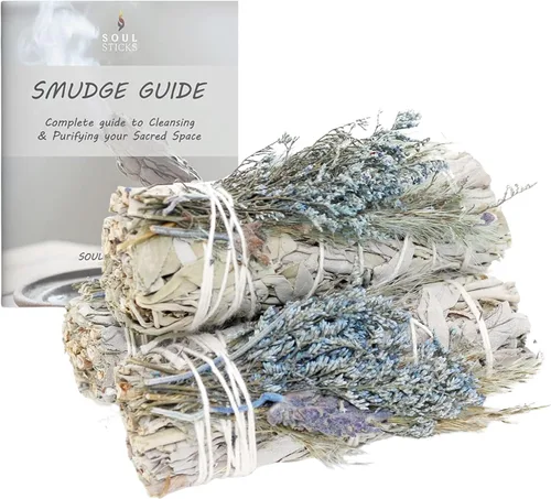 Vista 18 de SOUL STICKS Paquete de 3 barras de salvia blanca floral con flores para limpiar el hogar, meditación, yoga, curación y manchas, California de origen
