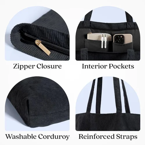 Vista 2 de VANDEL Bolso tote de pana para mujeres y hombres con cremallera y bolsillos interiores. Bolso tote con cremallera, bonita bolsa estética