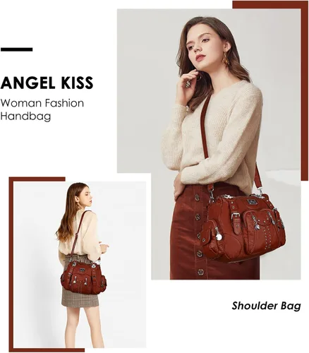 Vista 6 de Angel Kiss Bolsos de mano para mujer, de piel sintética suave, bolsas de hobo grandes para damas, asa superior, bolso de hombro, bolso con asa