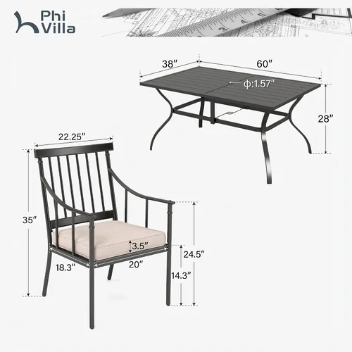 Vista 9 de PHI VILLA Juego de comedor al aire libre de 7 piezas con cojín, mesa de comedor rectangular de metal de 60 pulgadas con agujero para sombrilla y 6