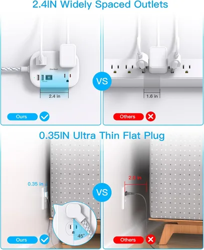 Vista 4 de Cruise Essentials 2026, regleta de alimentación de viaje con USB C, cable de extensión de enchufe plano de 1 pie con 3 tomas, 4 puertos USB