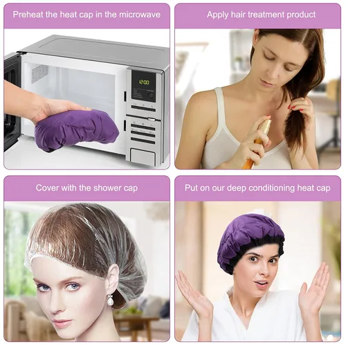 Vista 4 de Gorro térmico para microondas de acondicionamiento profundo para peinar y tratar el cabello al vapor, terapia de cuidado del cabello (morado)