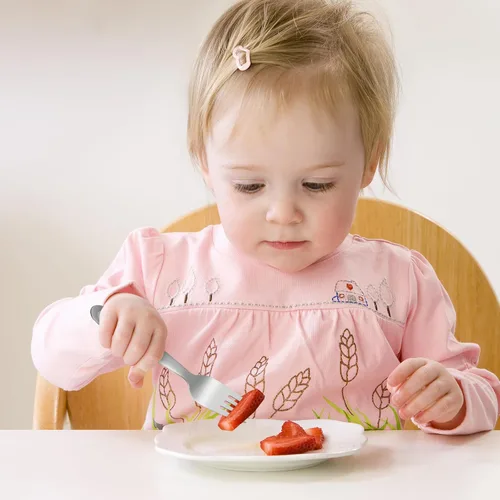 Vista 6 de 4 tenedores de acero inoxidable para niños pequeños, tenedores seguros para autoalimentarse, tenedores para bebés con diseño láser colorido, apto