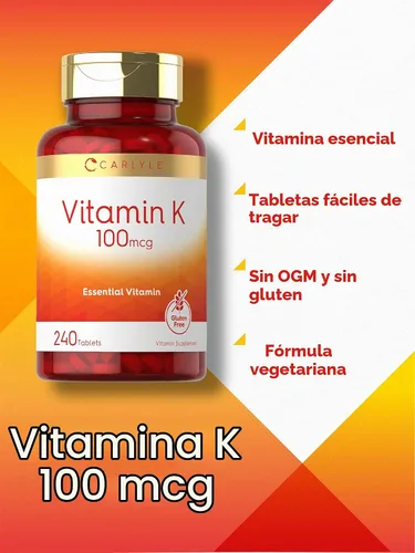 Vista 3 de Carlyle Vitamina K 100 mcg 240 tabletas Vegetariano, sin OMG, sin gluten Suplemento de vitamina K