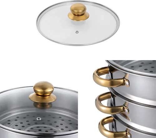 Vista 7 de Vaporizador de 5 niveles para cocinar, vaporizador de alimentos de acero inoxidable con asas doradas, ollas de vapor de gran capacidad de 11