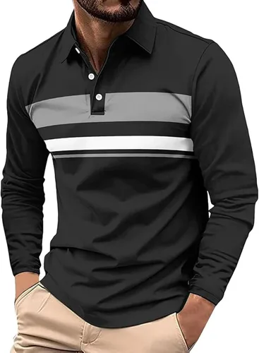 Vista 8 de Polo para hombre, manga larga, ajustado, a rayas, con cuello, talla grande, para golf y otoño
