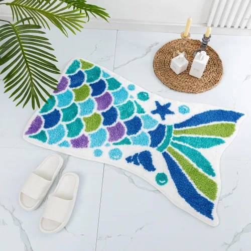 Vista 3 de Bonita alfombra de baño de sirena, divertida alfombra de baño con forma de cola de pez océano azul, escamas de sirena, para baño, antideslizante