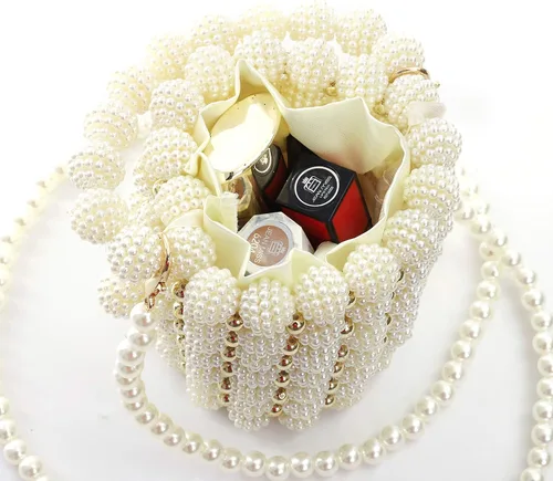 Vista 7 de YIFEI Bolsos hechos a mano con cuentas pequeñas perlas para mujer, con cadena desmontable, para fiesta de boda, Blanco