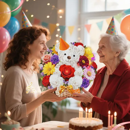 Vista 4 de MZD8391 Tarjetas de cumpleaños con música y luces, tarjeta de feliz cumpleaños, oso y margarita, ramo de flores de tamaño natural de 10 pulgadas
