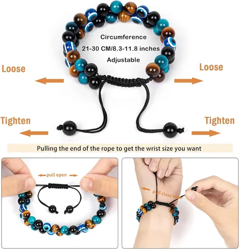 Vista 3 de LipLopBest 2 pulseras de triple protección para hombres y mujeres, ojo de tigre y obsidiana negra de 0.315 pulgadas, pulsera curativa para traer