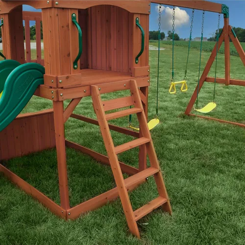 Vista 8 de Backyard Discovery Atlantis - Juego de columpio de madera de cedro con tobogán ondulado, casa club elevada, pared de roca, columpios de cinturón
